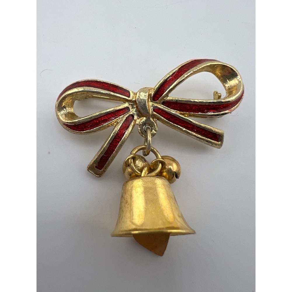 Vintage Jingle Bell‎ Bow Metal Enamel Christmas Brooch Pin